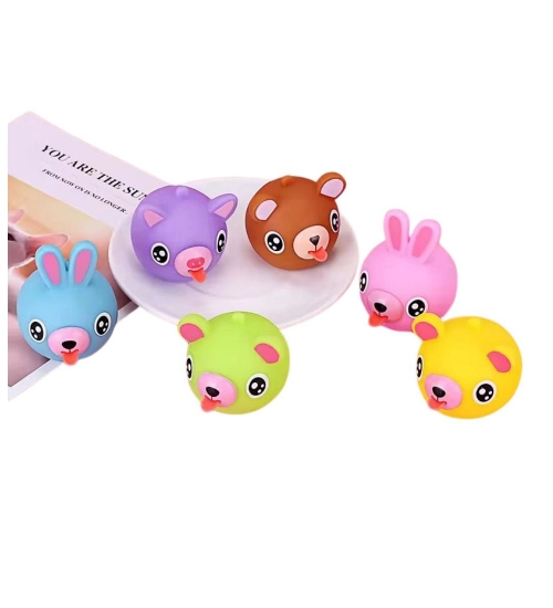 Pack Of 5 Rubber-PVC Animal Faces Squishy Squeeze Stress Balls (Multicolor)