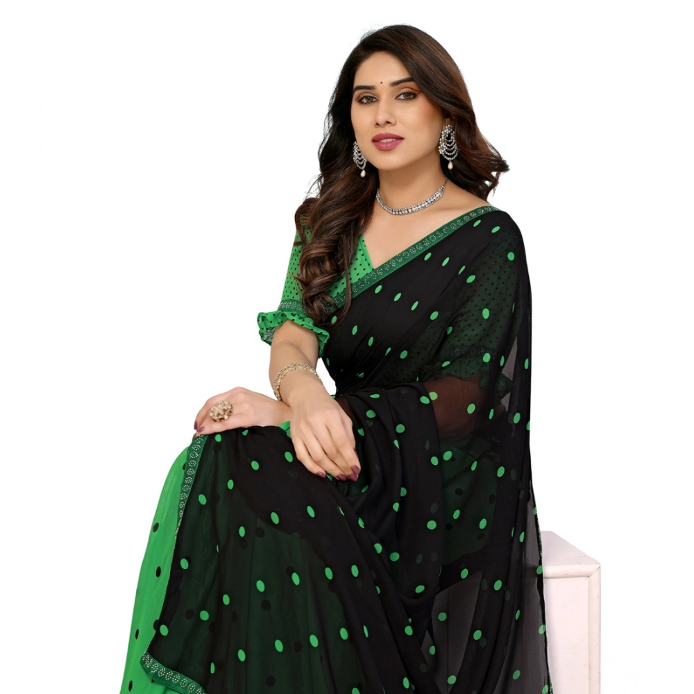 Women's Georgette Printed Saree With Unstitched Blouse 5.5Mtr (Black-Green)