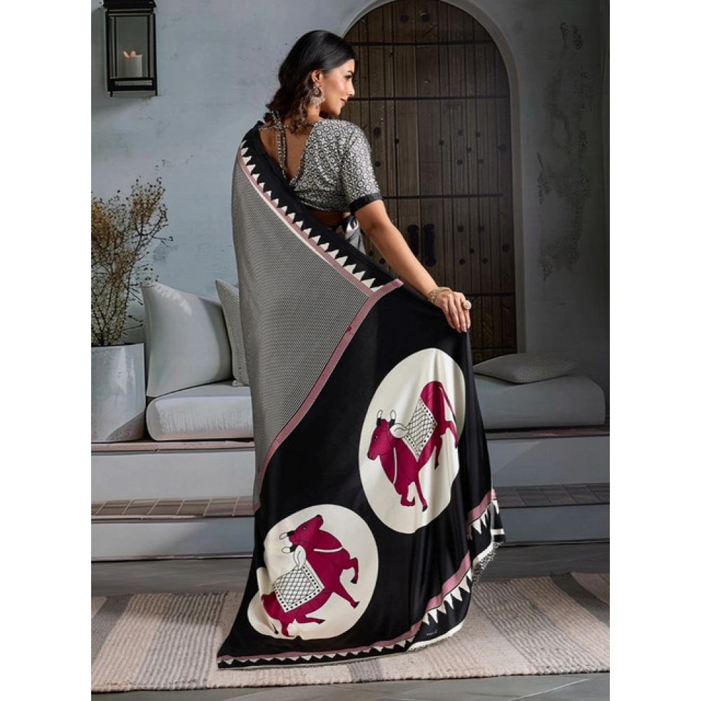 Women's Satin Crepe Printed Saree With Unstitched Blouse 5.5Mtr (Black)