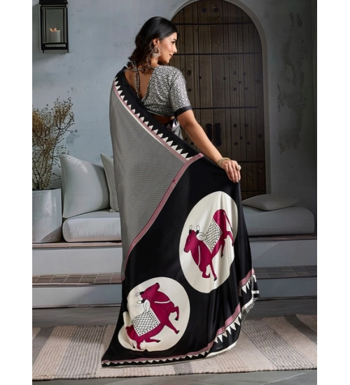 Women's Satin Crepe Printed Saree With Unstitched Blouse 5.5Mtr (Black)