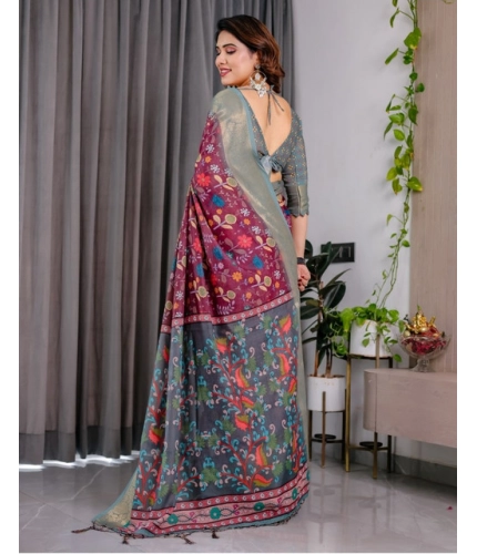 Women's Linen Printed Saree With Unstitched Blouse 5.5Mtr (Purple) Women's Linen Printed Saree With Unstitched Blouse 5.5Mtr (Purple)