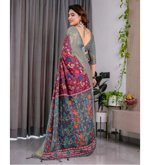 Women's Linen  Printed Saree With Unstitched Blouse 5.5Mtr (Purple)