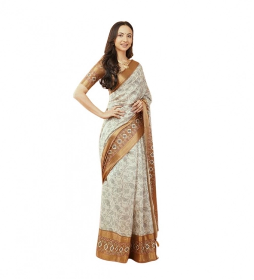 Women's Polyester Printed Saree With Unstitched Blouse 5.5 Mtr (Off-White)