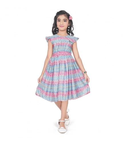 Girl's Lycra Printed Sleeve Less Round Neck Dress (Multicolor)