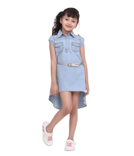 Girl's Denim Hi Lo Short Sleeve Dress with Belt (Blue)