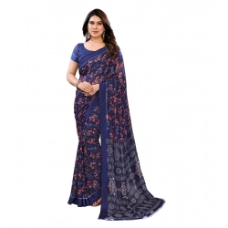 Women's Georgette Printed Saree With Unstitched Blouse 5.5Mtr (Blue)
