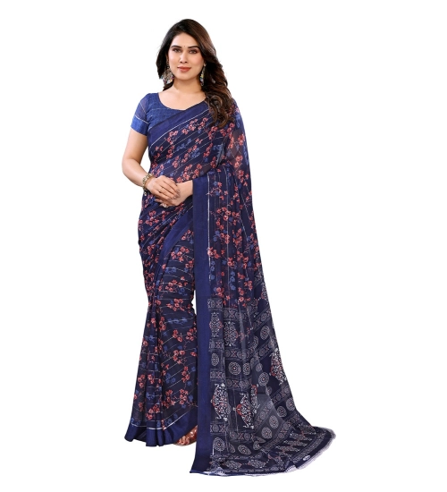 Women's Georgette Printed Saree With Unstitched Blouse 5.5Mtr (Blue)
