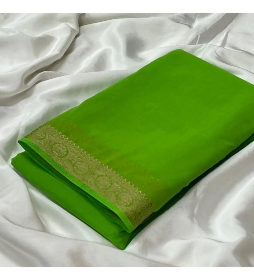 Women's Crepe Chit Pallu Solid Saree With Unstitched Blouse 5.5Mtr (Parrot Green)