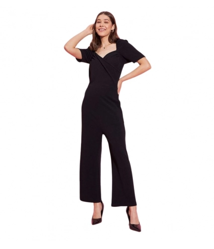 Women's Polyester Lycra Solid Puff Sleeve Jumpsuit (Black)