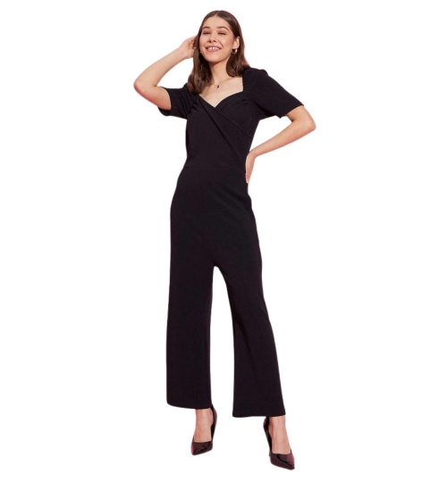 Women's Polyester Lycra Solid Puff Sleeve Jumpsuit (Black)