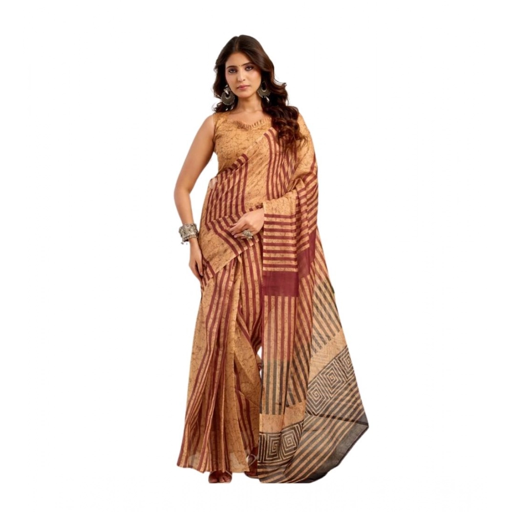 Women's Linen Cotton Printed Ready To Wear Saree With Unstitched Blouse 5.5 Mtr (Brown)