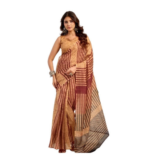 Women's Linen Cotton Printed Ready To Wear Saree With Unstitched Blouse 5.5 Mtr (Brown)