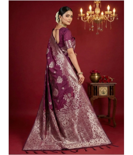Women's Silk Blend Printed Saree With Unstitched Blouse 5.5Mtr (Purple)