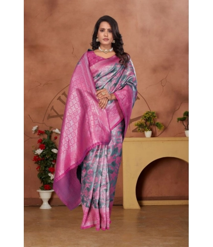 Women's Banarasi Silk Jaquard Woven Saree With Unstitched Blouse 5.5Mtr (Pink)
