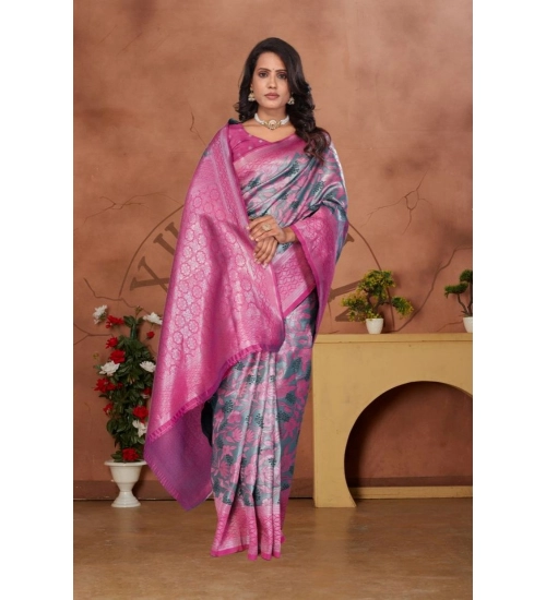 Women's Banarasi Silk Jaquard Woven Saree With Unstitched Blouse 5.5Mtr (Pink)