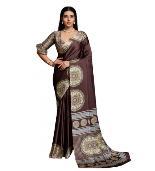 Women's Satin Crepe Printed Saree With Unstitched Blouse 5.5Mtr (Brown)