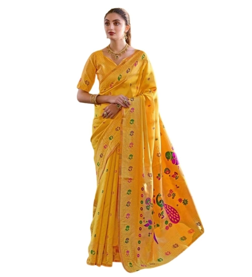 Women's Silk Blend Paithani Weaving Saree With Unstitched Blouse 5.5Mtr (Mustard)