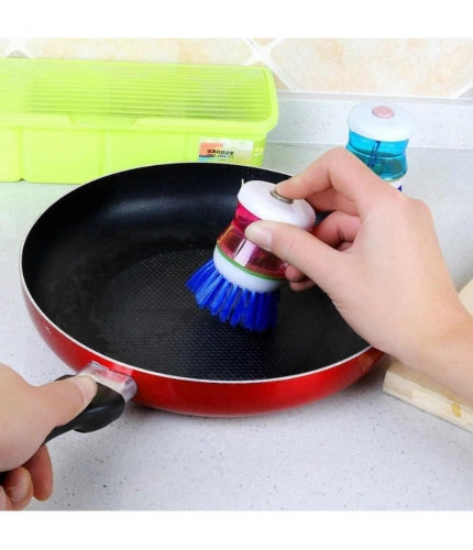 Pack of 4_Plastic Wash Basin Brush Cleaner with Soap Dispenser – (Color: Assorted)