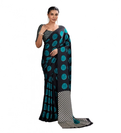 Women's Satin Crepe Printed Saree With Unstitched Blouse 5.5Mtr (Black)
