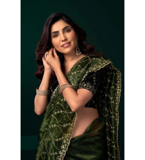 Women's Net Sequence Saree With Unstitched Blouse 5.5Mtr (Light Green)