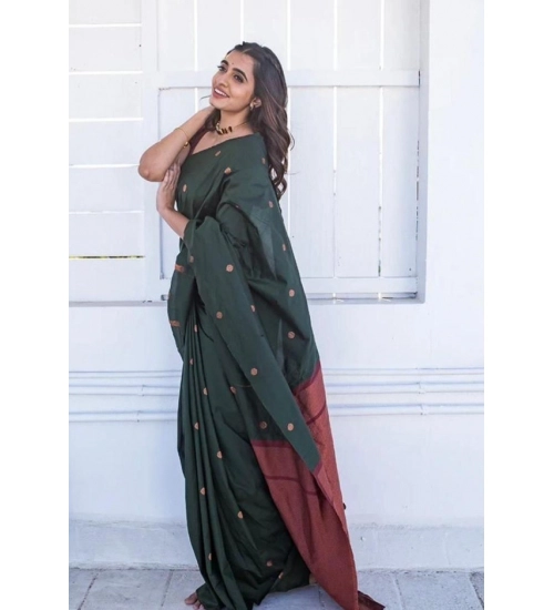 Women's Litchi silk Printed Saree With Unstitched Blouse (Dark Green)