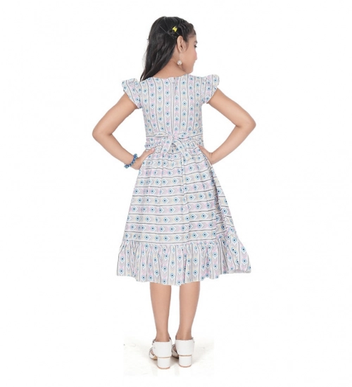Girl's Twill Printed Short Sleeve Round Neck Dress (Grey)