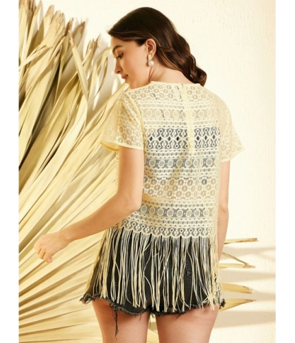 Women's Polyester Lace Self Design Short Sleeve Top (Yellow)