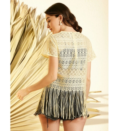 Women's Polyester Lace Self Design Short Sleeve Top (Yellow) Women's Polyester Lace Self Design Short Sleeve Top (Yellow)
