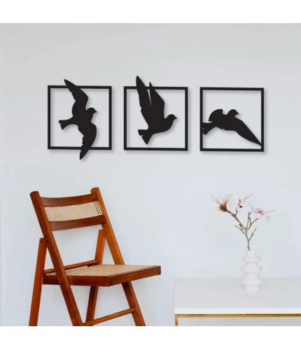Birds in Frame Wooden Wall Decor – Set of 3 Panels (Black)
