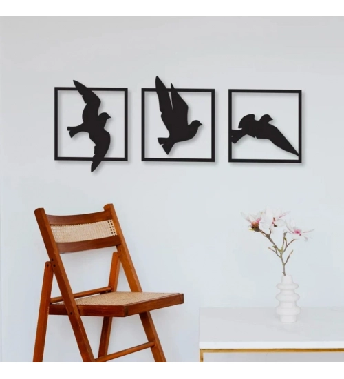 Birds in Frame Wooden Wall Decor – Set of 3 Panels (Black)