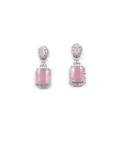 Women's Brass Silver Plated Drop Earrings (Pink)