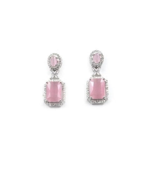 Women's Brass Silver Plated Drop Earrings (Pink)