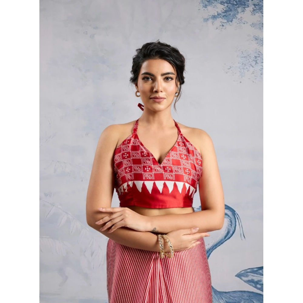 Women's Satin Crepe Printed Saree With Unstitched Blouse 5.5Mtr (Red)