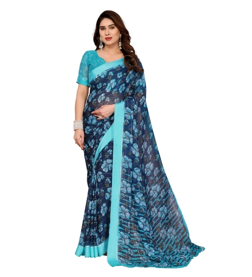 Women's Georgette Printed Saree With Unstitched Blouse 5.5Mtr (Sky Blue)