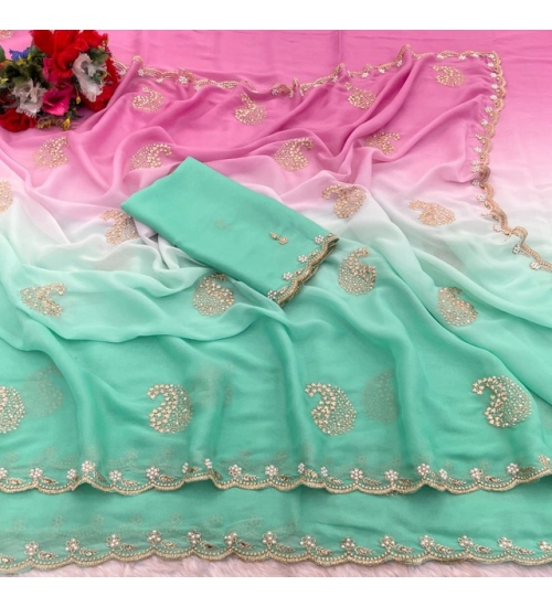 Women's Digital Printed  Geogette Saree With Unstitched Blouse (Light Green, 5-6 Mtrs)