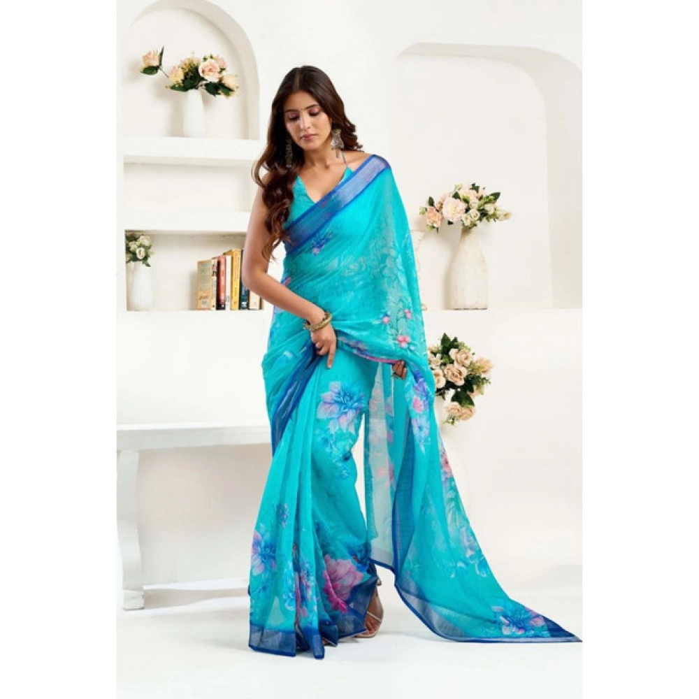 Women's Linen Cotton Printed Ready To Wear Saree With Unstitched Blouse 5.5 Mtr (Light_Aqua_Blue)