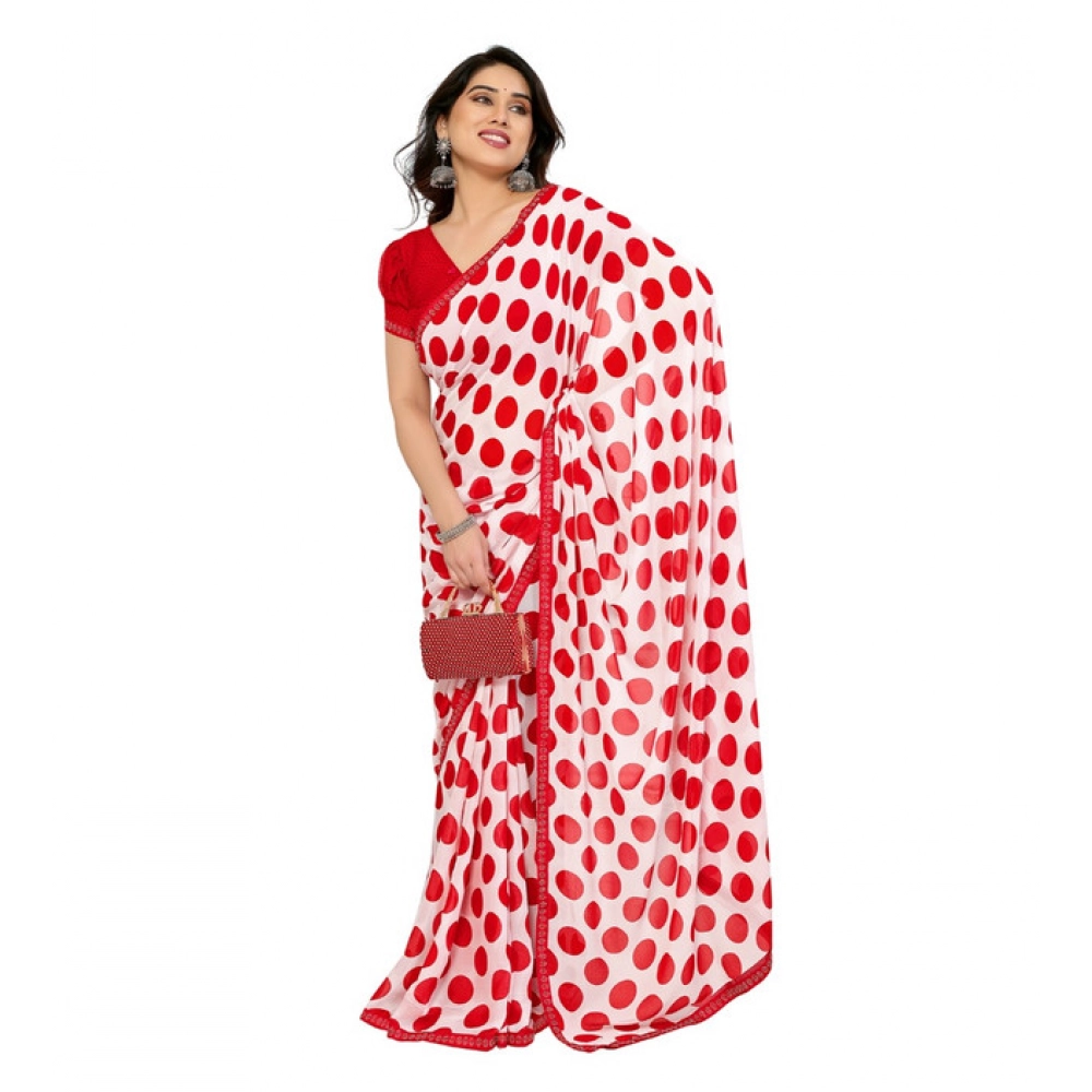 Women's Georgette Printed Saree With Unstitched Blouse 5.5Mtr (Red-White) Women's Georgette Printed Saree With Unstitched Blouse 5.5Mtr (Red-White)