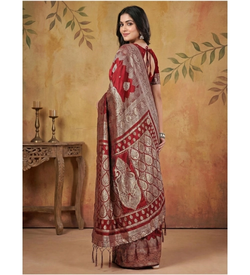 Women's Silk Blend Printed Saree With Unstitched Blouse 5.5Mtr (Maroon)