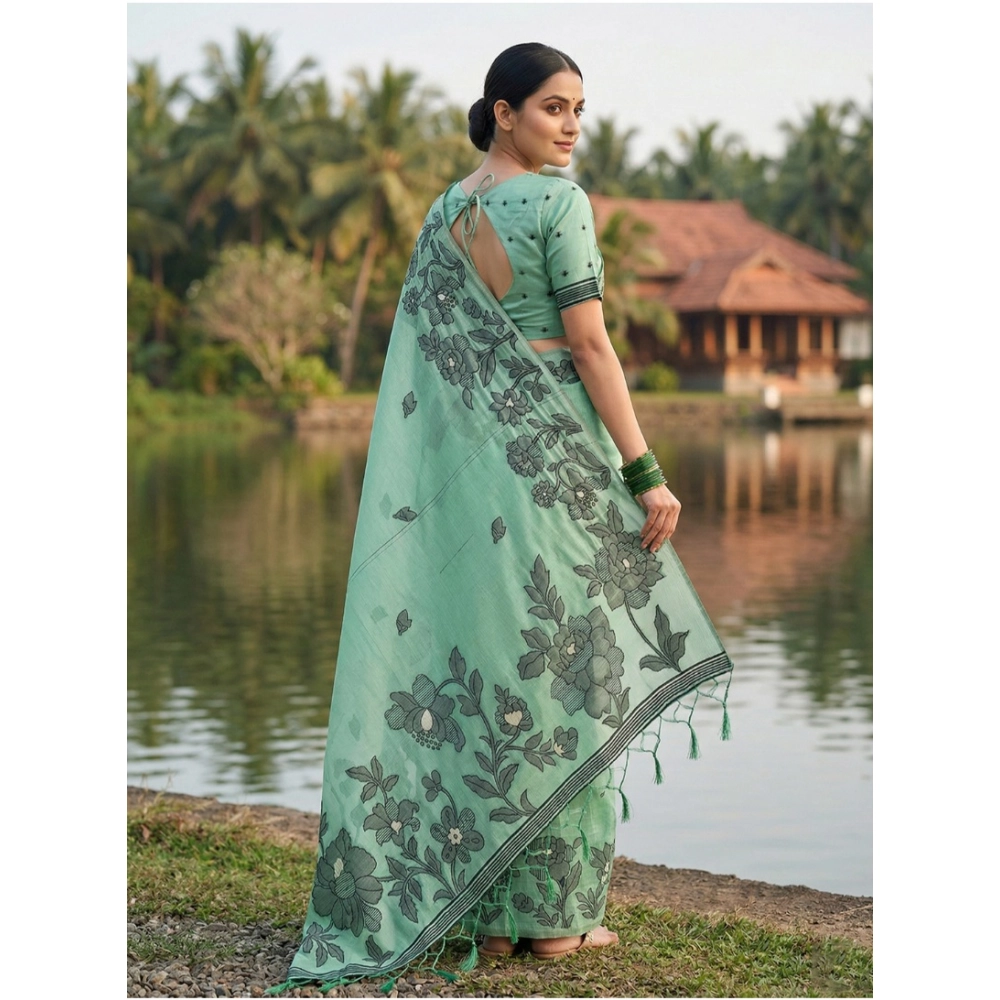 Women's Linen Cotton Printed Saree With Unstitched Blouse 5.5Mtr (Rama Green) Women's Linen Cotton Printed Saree With Unstitched Blouse 5.5Mtr (Rama Green)