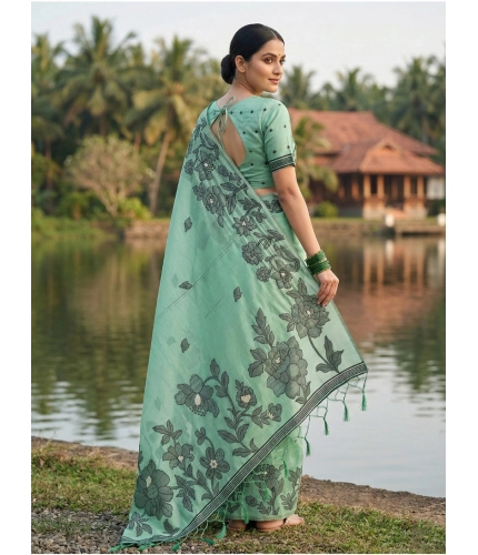 Women's Linen Cotton Printed Saree With Unstitched Blouse 5.5Mtr (Rama Green)