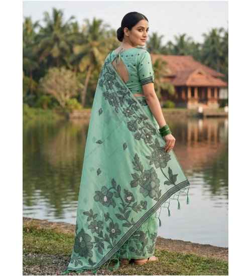 Women's Linen Cotton Printed Saree With Unstitched Blouse 5.5Mtr (Rama Green) Women's Linen Cotton Printed Saree With Unstitched Blouse 5.5Mtr (Rama Green)