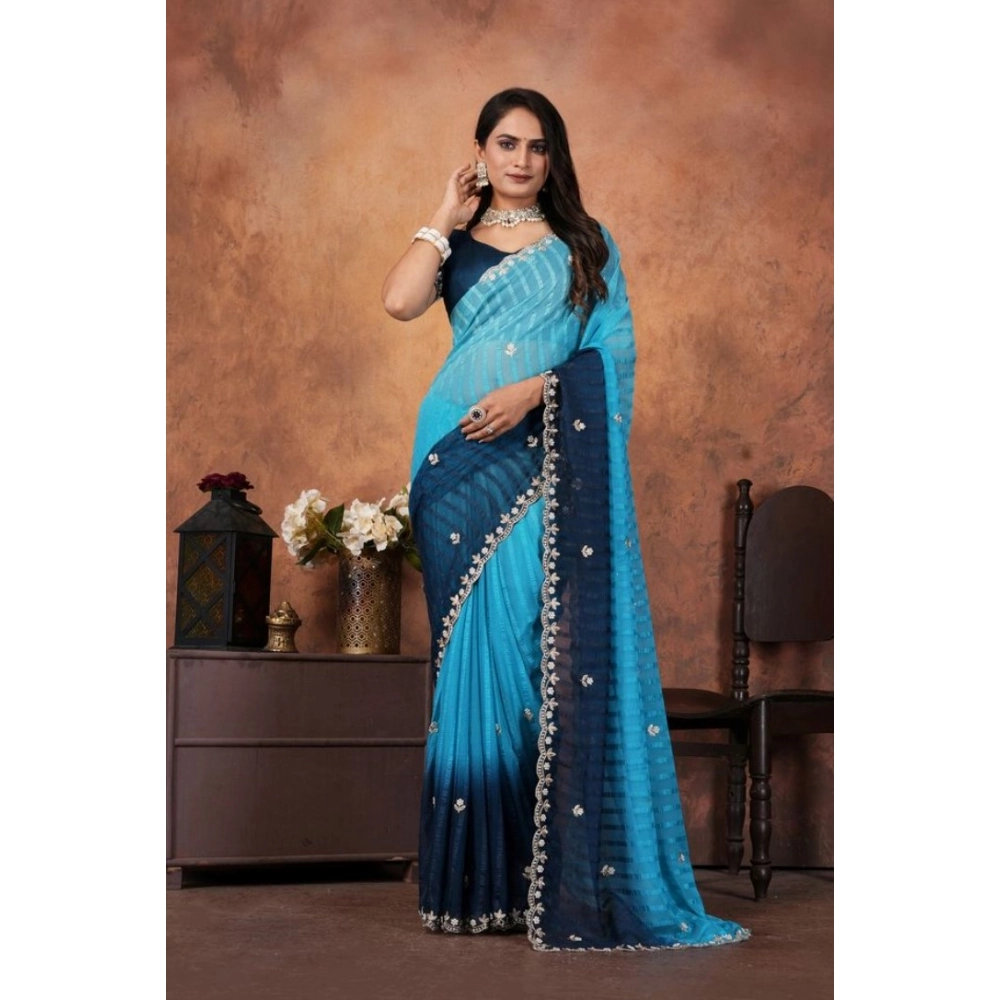 Women's Chiffon Embroidred Saree With Unstitched Blouse 5.5Mtr (Light Blue) Women's Chiffon Embroidred Saree With Unstitched Blouse 5.5Mtr (Light Blue)