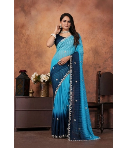 Women's Chiffon Embroidred Saree With Unstitched Blouse 5.5Mtr (Light Blue)