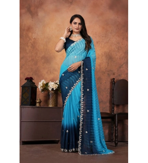 Women's Chiffon Embroidred Saree With Unstitched Blouse 5.5Mtr (Light Blue)