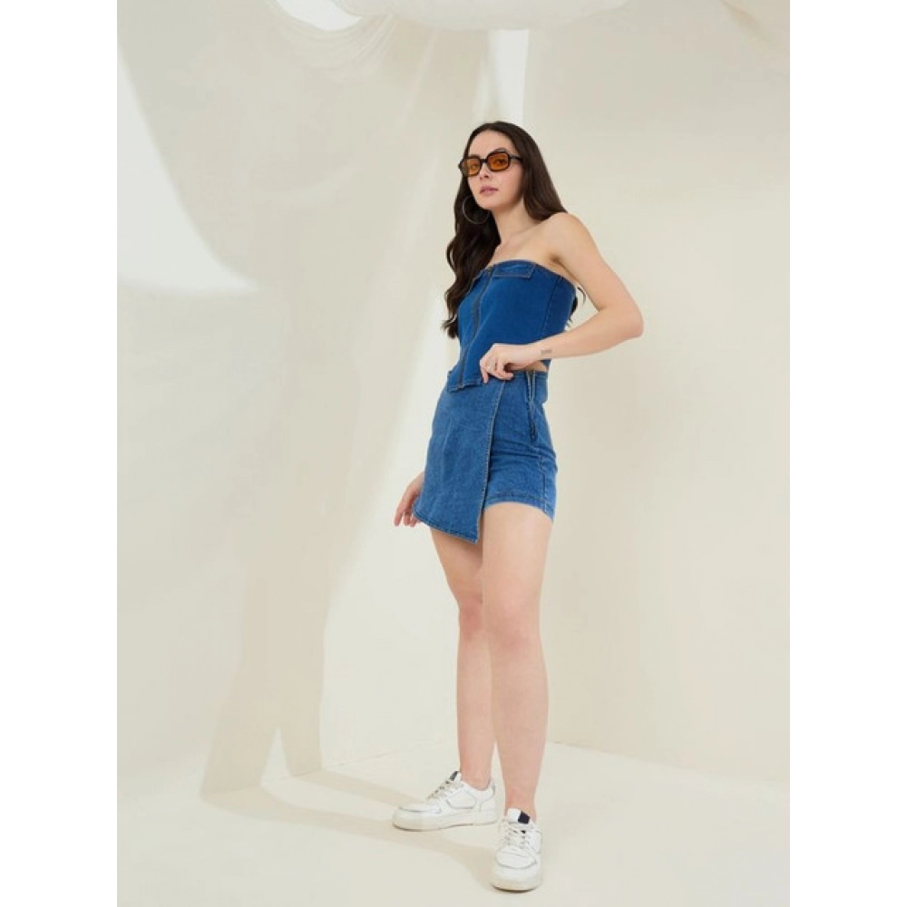 Women's Denim Lycra Solid Zip Closure Skorts (Blue) Women's Denim Lycra Solid Zip Closure Skorts (Blue)
