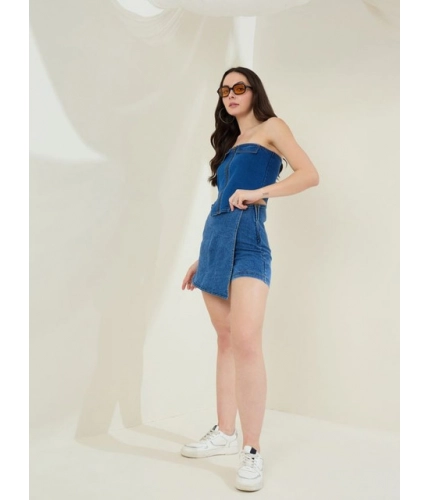 Women's Denim Lycra Solid Zip Closure Skorts (Blue)