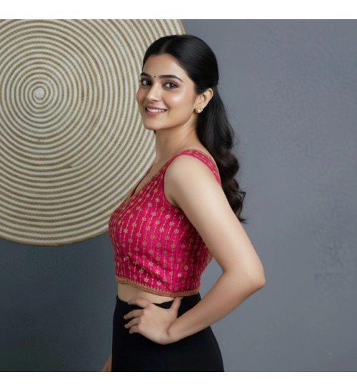 Women's Silk Blend Embroidered V-Neck Non Padded Blouse (Pink 38 Ready (Alterable up to 42)