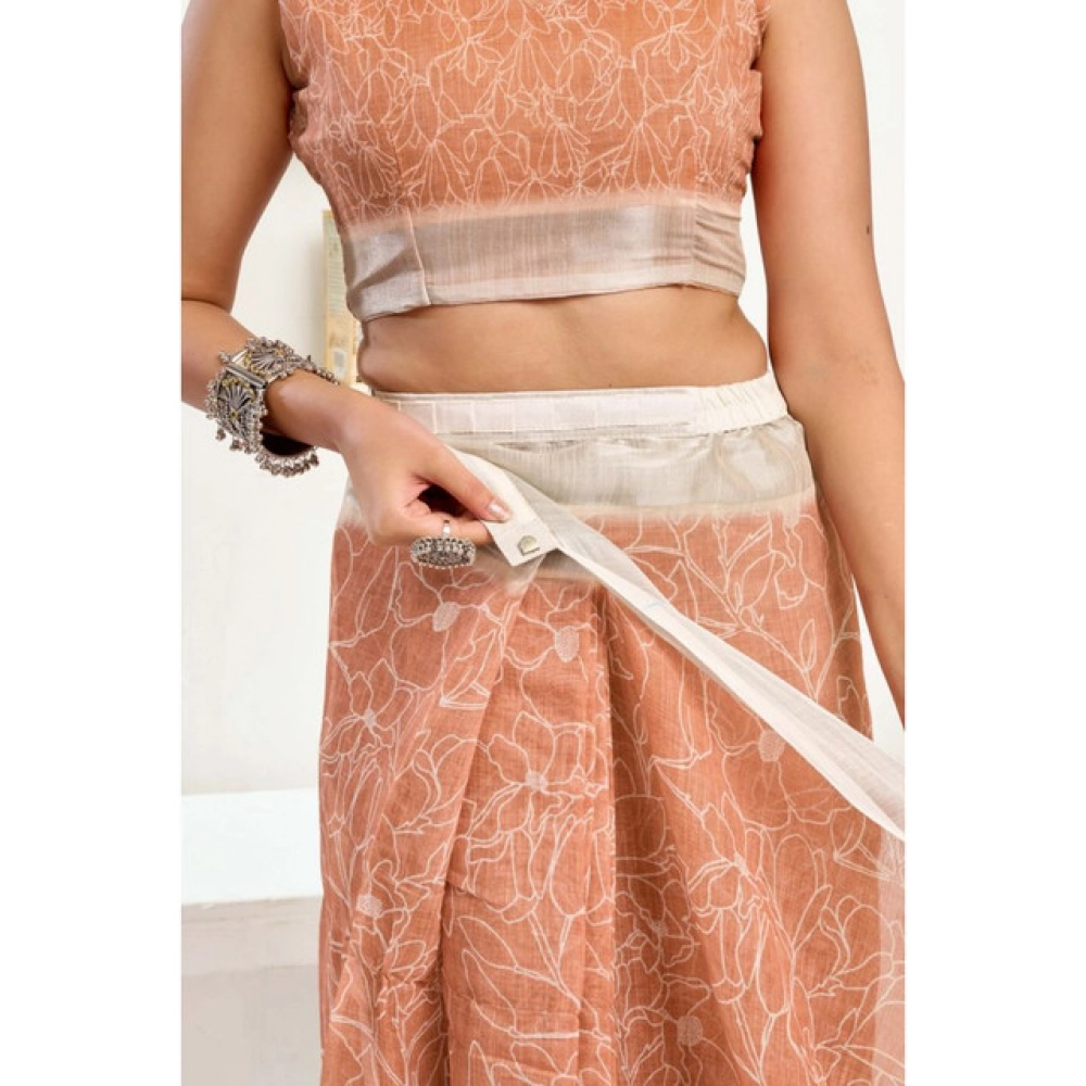 Women's Linen Cotton Printed Ready To Wear Saree With Unstitched Blouse 5.5 Mtr (Peach)