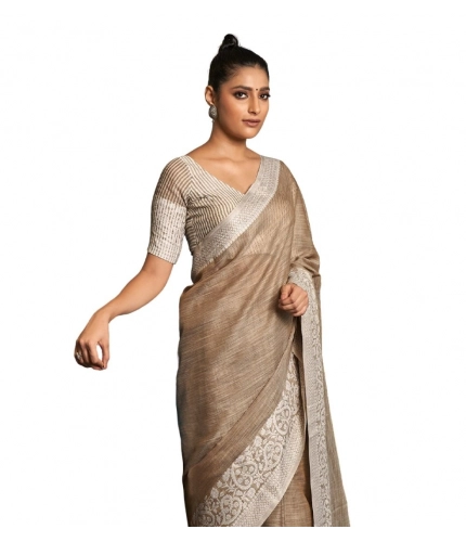 Women's Linen Printed Saree With Unstitched Blouse 5.5Mtr (Beige)