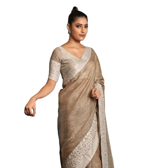Women's Linen Printed Saree With Unstitched Blouse 5.5Mtr (Beige)